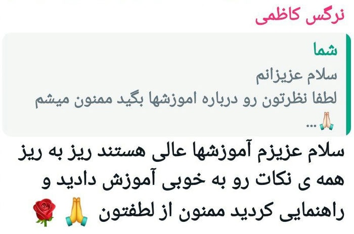 خانه 25 رضایت هنرجو خانم نرگس کاظمی از دورههای فرخنده صالحپور
